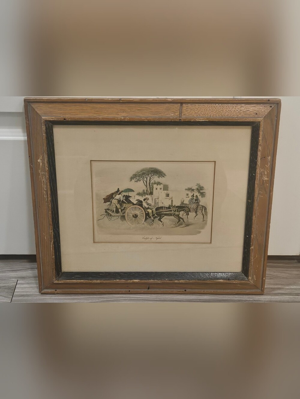 Antique Italian Lithograph Calesso di Napoli Hand Colored Costume Print Art